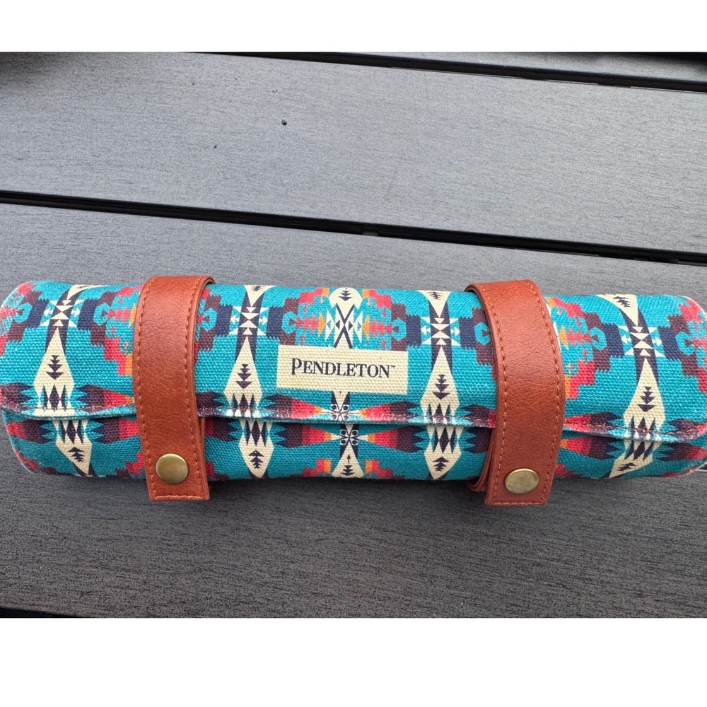 Pendleton Travel Backgammon Set Roll Up Canvas Game Turquoise Geometric Aztec
